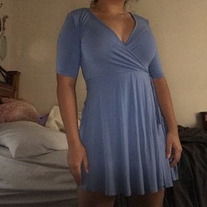 light blue wrap dress with short sleeves